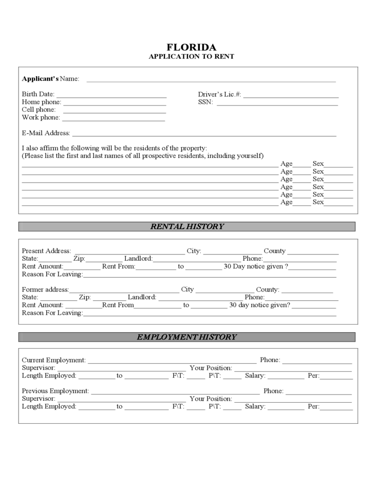 Florida Rental Application Form Free Download