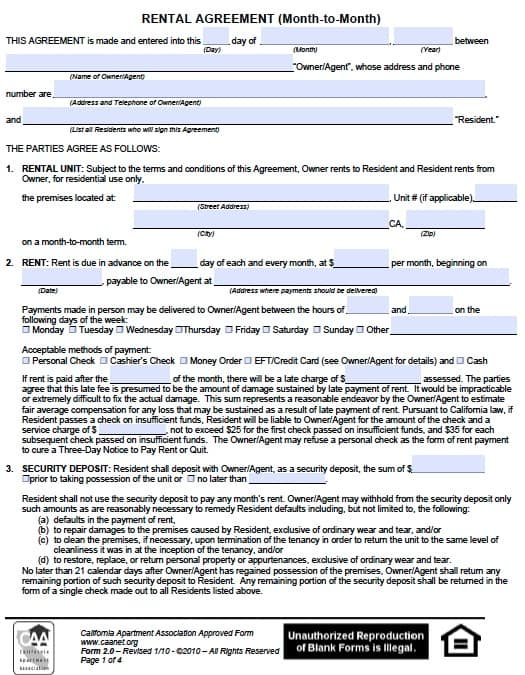 Free California Month to Month Rental Agreement PDF Template