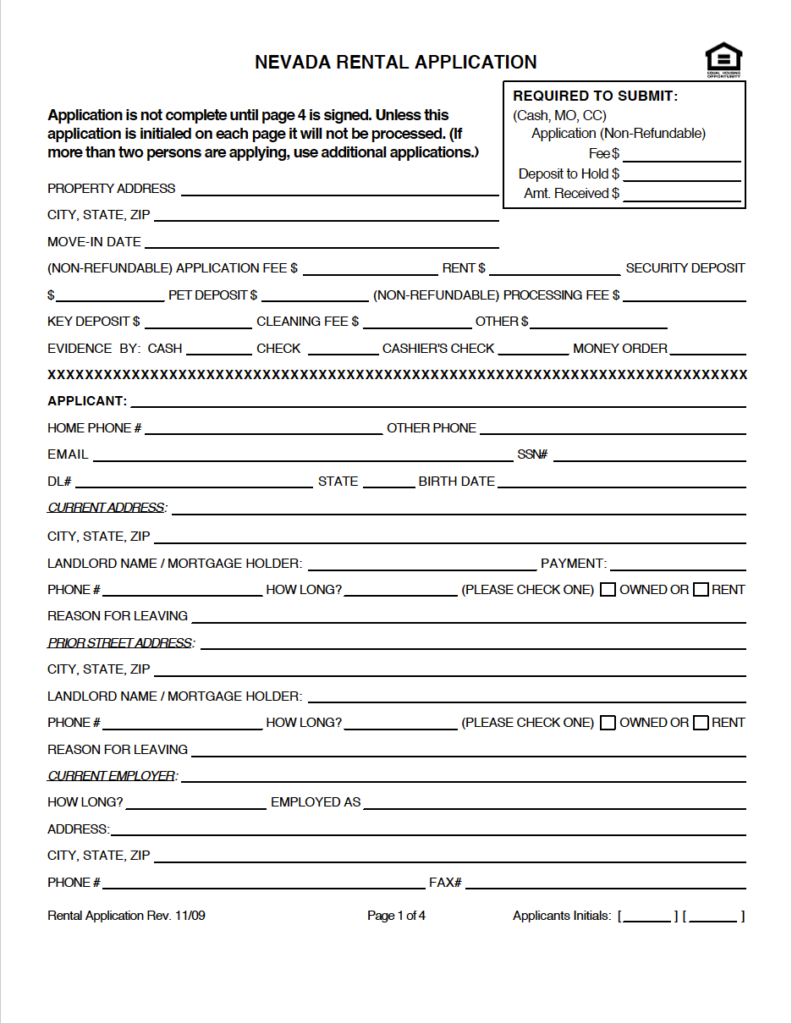 Free Nevada Rental Application PDF WORD