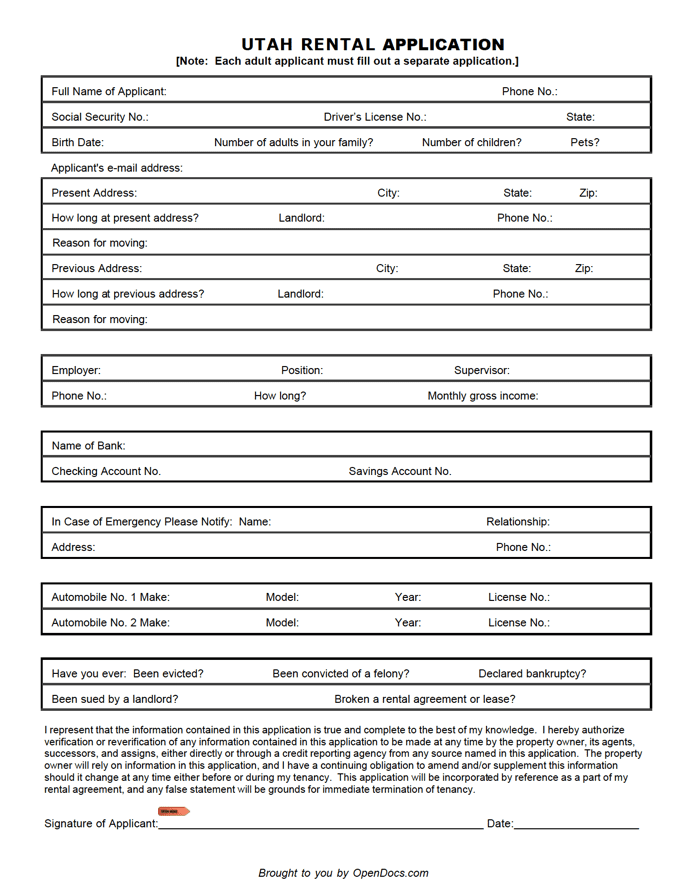 Free Utah Rental Application PDF