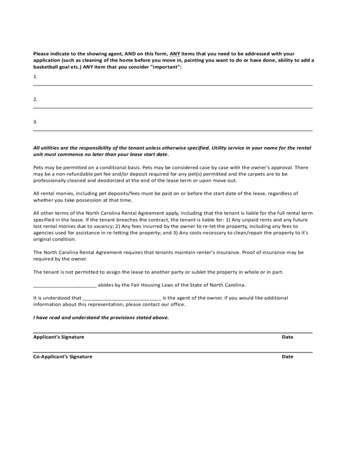 North Carolina Rental Application Form Free Download