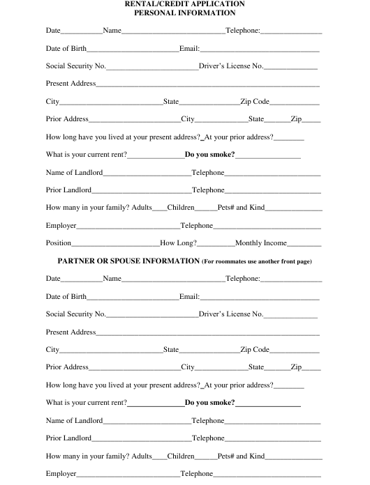 Rental Credit Application Form Download Fillable PDF Templateroller