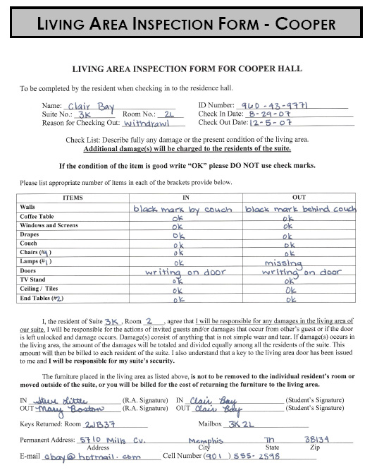 Residence Hall Inspection Forms Office Of Housing