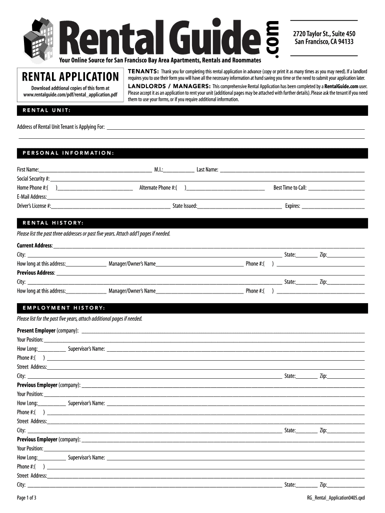 San Francisco Rental Application Form Fill Online Printable