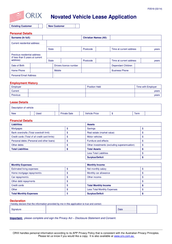 Vehicle Lease Application Templates At Allbusinesstemplates