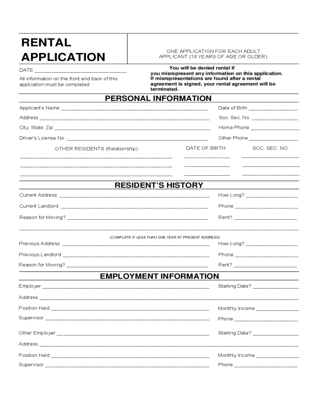 1 Page Rental Application Form