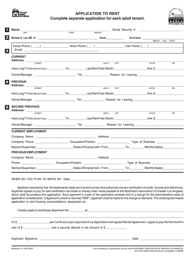2010 2021 Form AAGLA Application To Rent Fill Online Printable