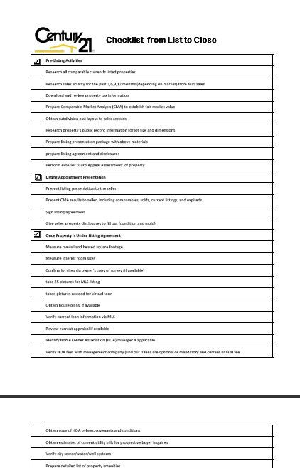 Century 21 Checklist From Listing Real Estate To The Closing Table 