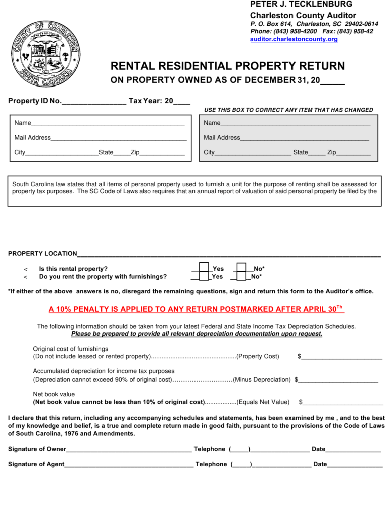 County Of Charleston South Carolina Rental Residential Property Return 