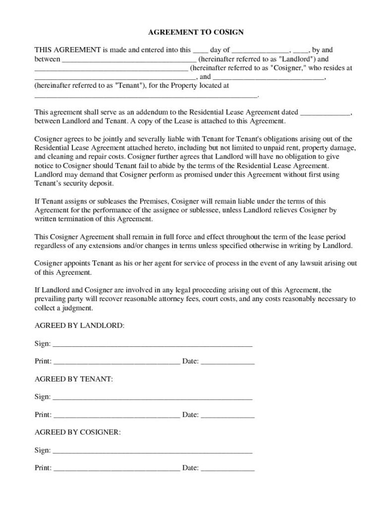 Download Free Agreement To Cosign Printable Lease Agreement