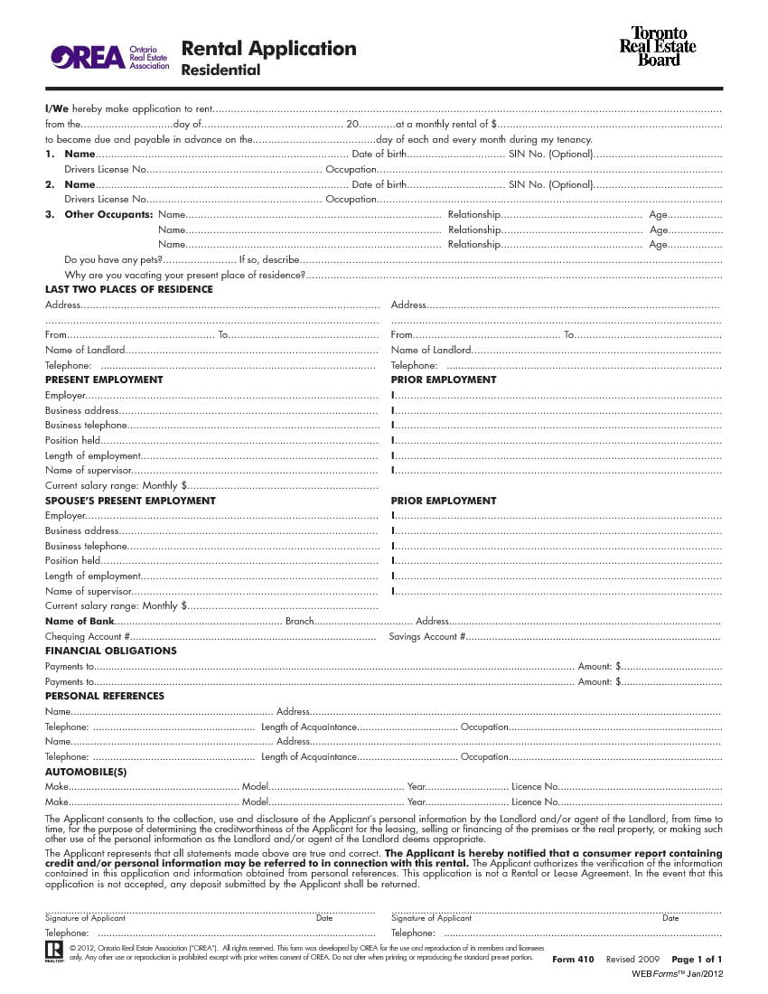 Free Printable Rental Application Ontario