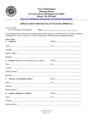 Fillable Online Burlington APPLICATION FOR SITE PLAN WAIVER APPROVAL 