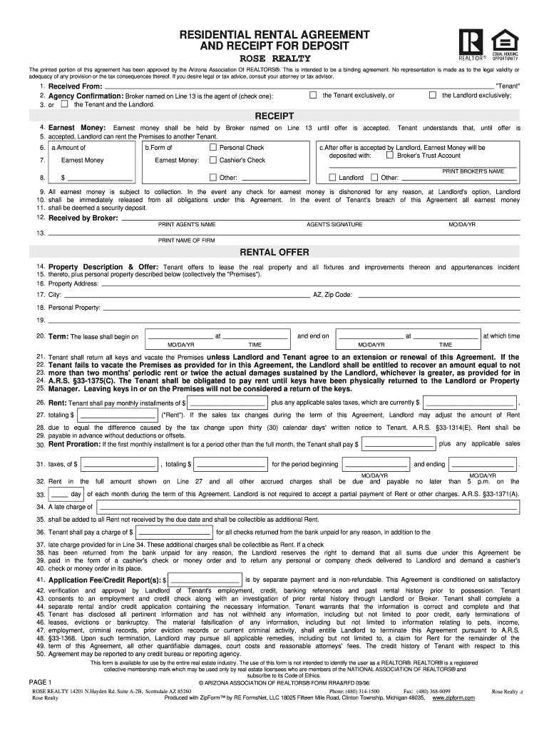 Fillable Online Residential Rental Agreement And Receipt For Deposit 