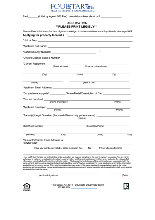 Fillable Rental Application Form Four Star Realty Property Management 