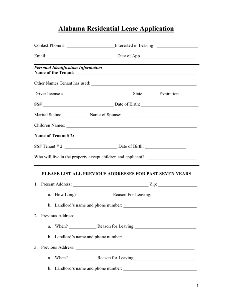 Free Alabama Rental Application Form PDF