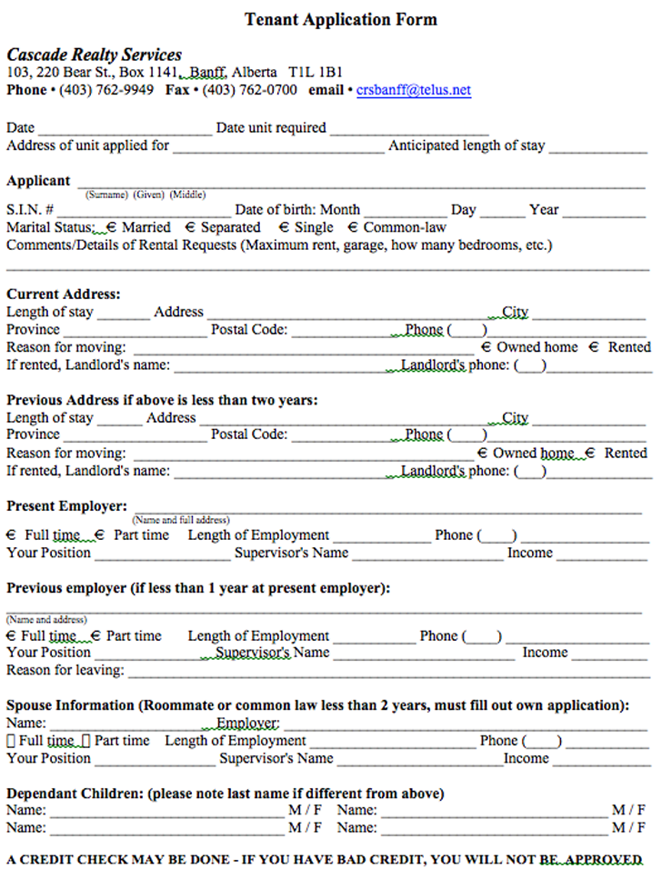 Free Alberta Tenant Application Form Doc 37KB 2 Page s 