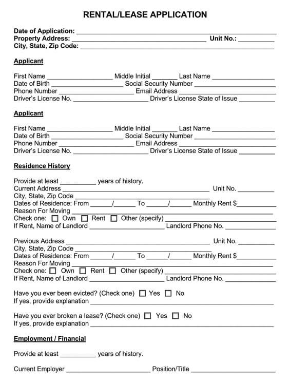 Free Blank Rental Application Forms by State Word PDF