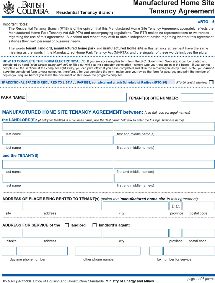 Free British Columbia Manufactured Home Site Tenancy Agreement Form