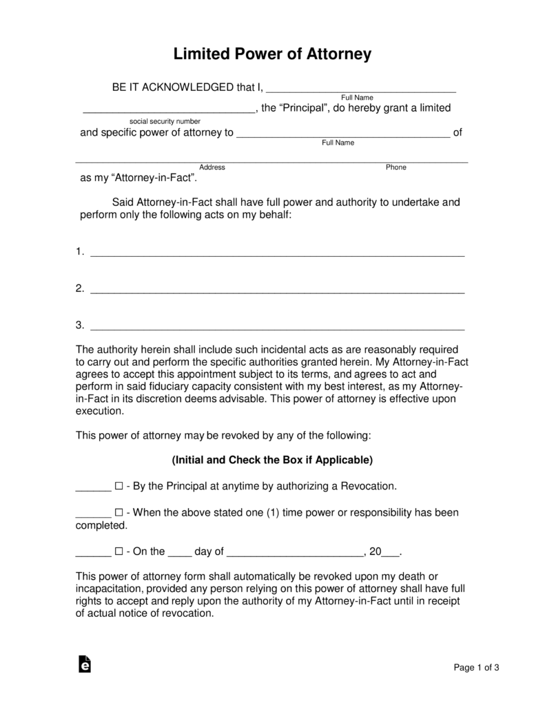 Free Limited Special Power Of Attorney Forms PDF Word EForms
