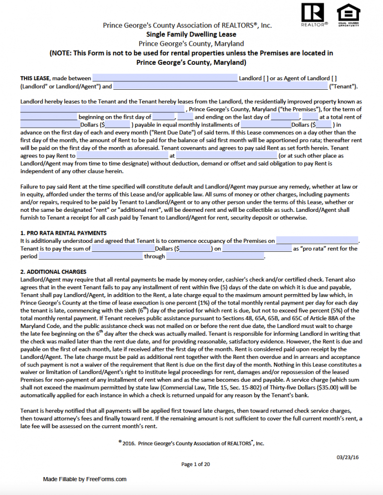 Free Maryland Rental Lease Agreement Templates PDF WORD