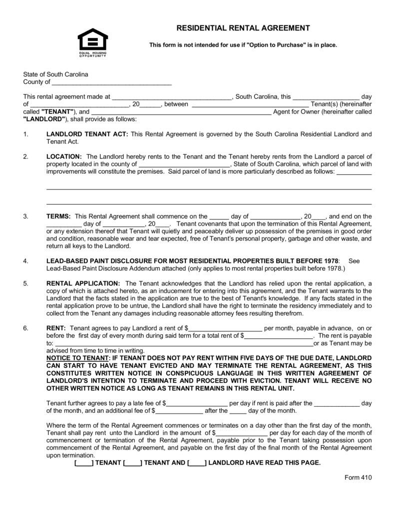 Free South Carolina Association Of Realtors Lease Agreement Form 410 
