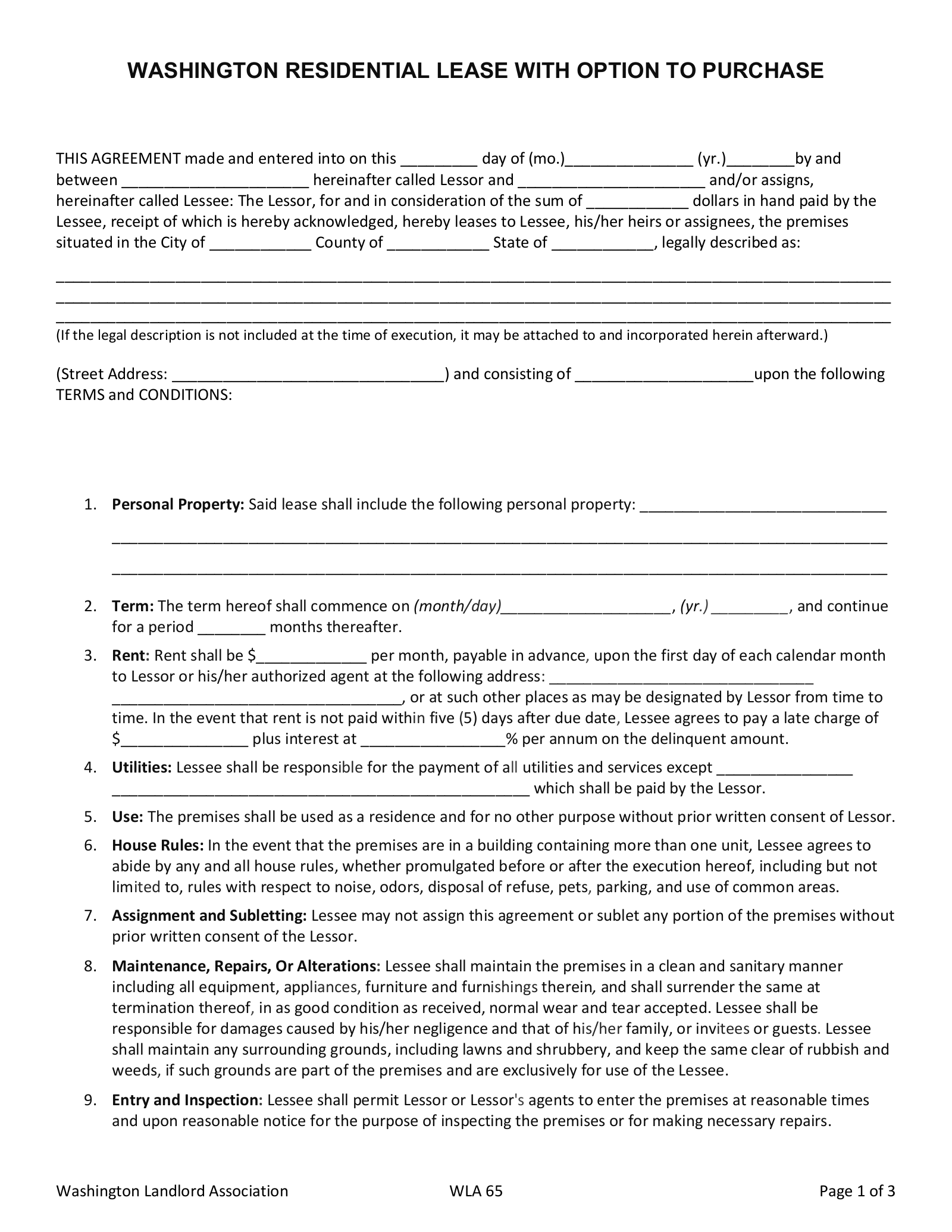 Free Washington Rent to Own Lease Agreement PDF EForms