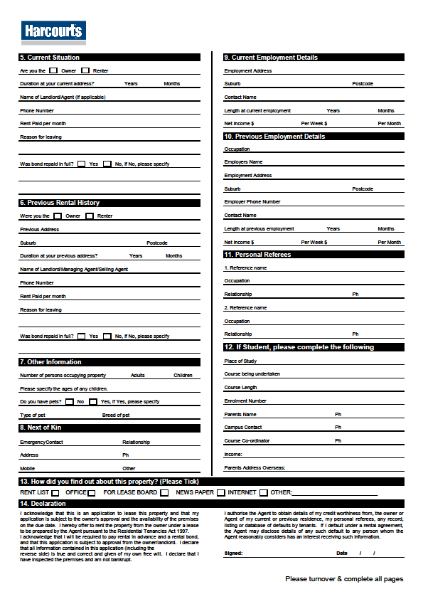 Harcourts Tenancy Application Print