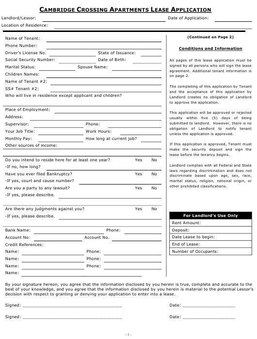 Lease Application Form Cambridge Crossing Apartments Download 