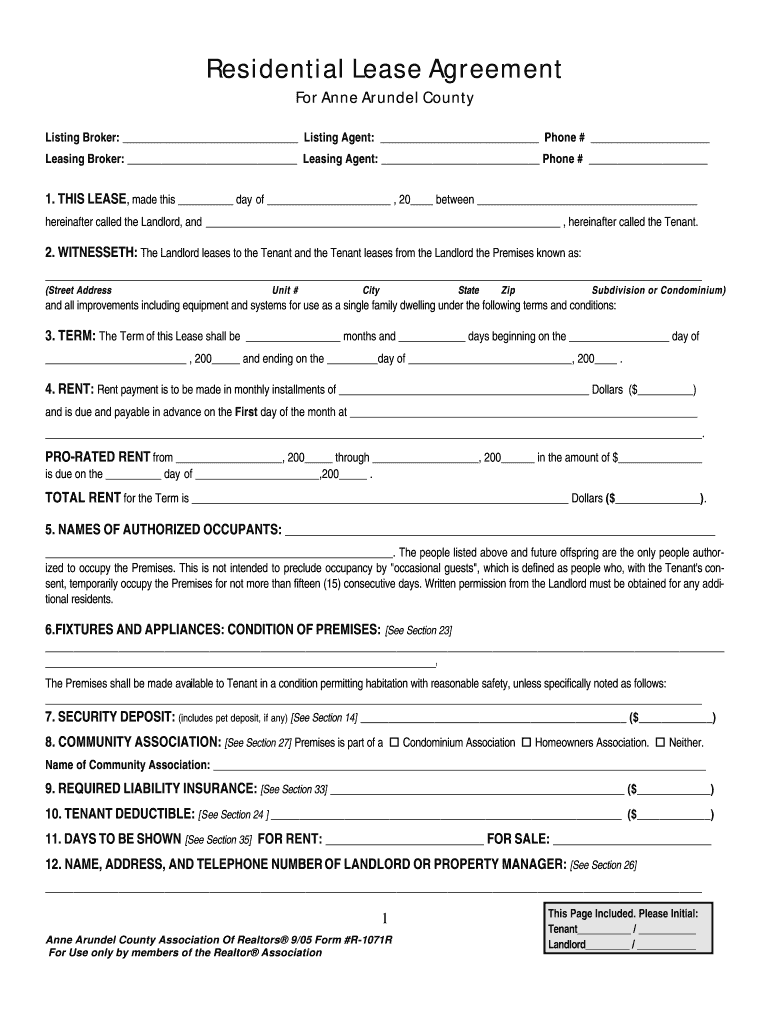 MD AACAR R 1071R Residential Lease Agreement For Anne Arundel County 