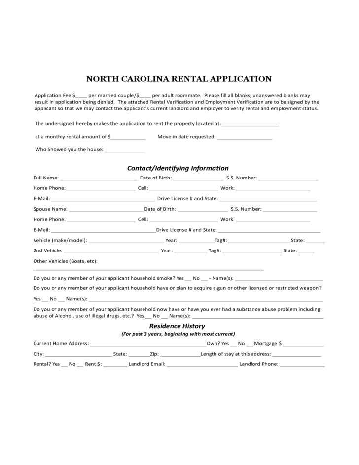 North Carolina Rental Application Form Free Download