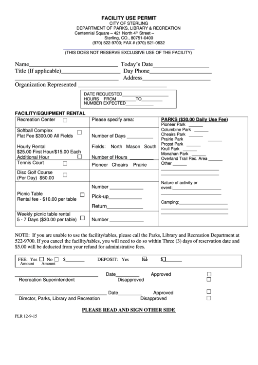 Plr 12 9 15 Facility Use Permit Form Printable Pdf Download