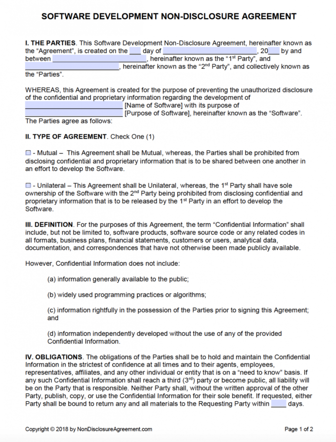Printable Free Software Development Nondisclosure Agreement Nda One Way 