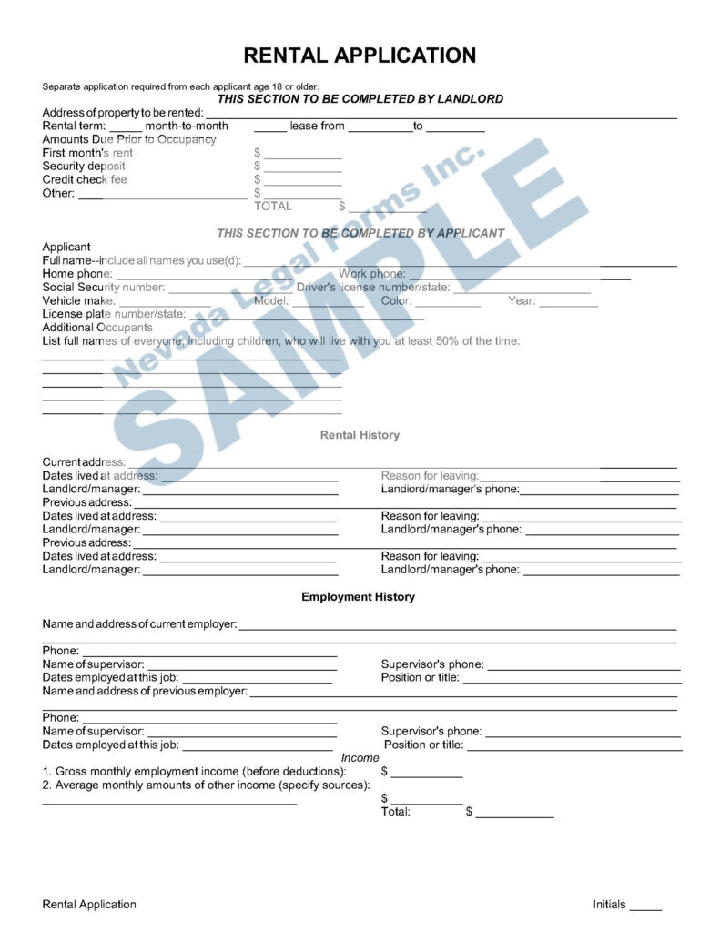 RENTAL APPLICATION Nevada Legal Forms Services