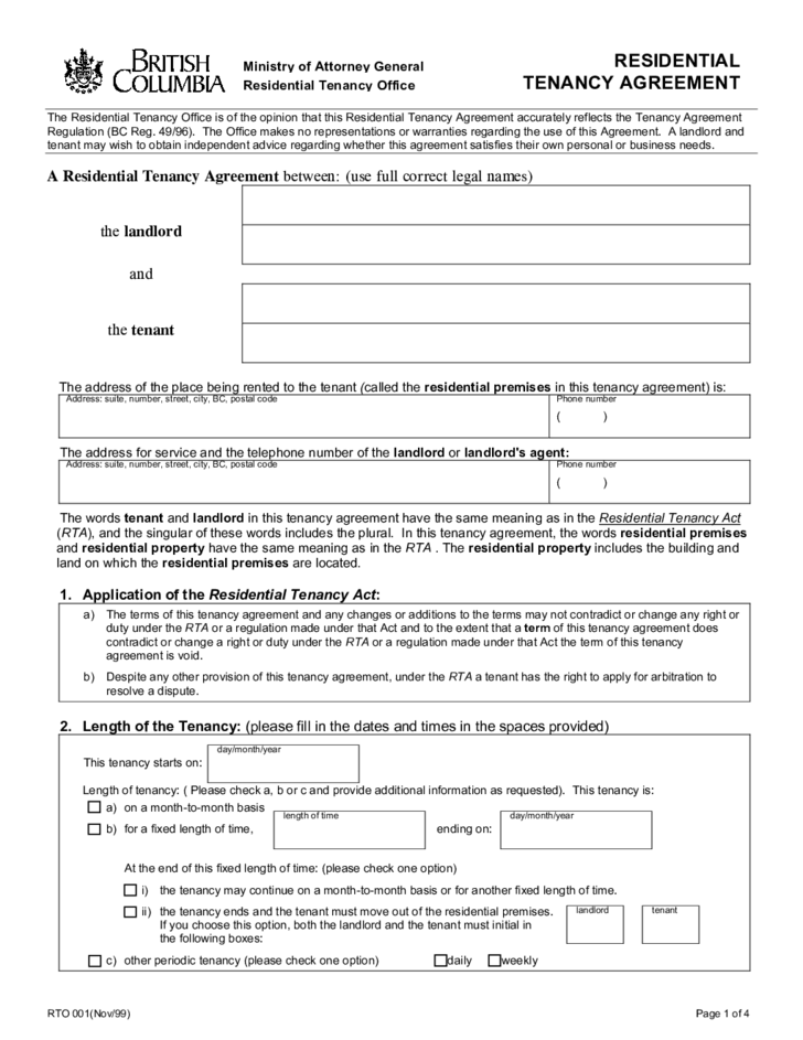 Residential Tenancy Agreement Sample British Columbia Free Download
