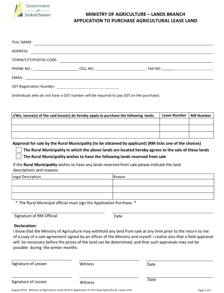 Saskatchewan Canada Application To Purchase Agricultural Lease Land 
