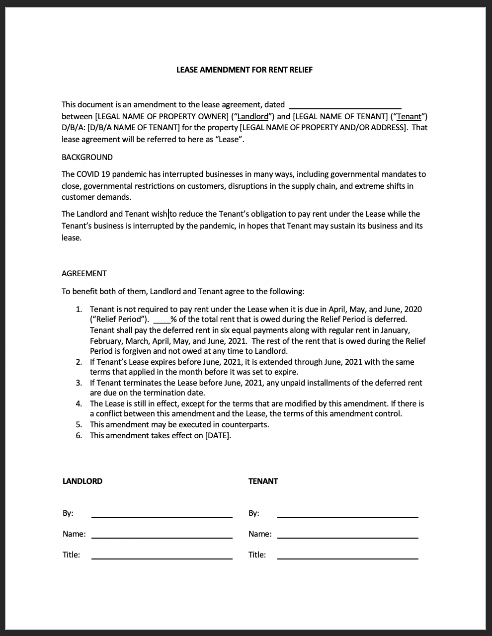 TEMPLATE LEASE AMENDMENT FOR RENT RELIEF Rent Forbearance Request