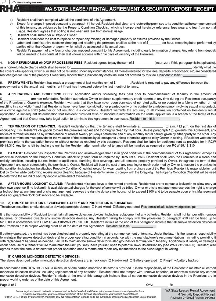 Washington State Month To Month Rental Agreement Rental Application 